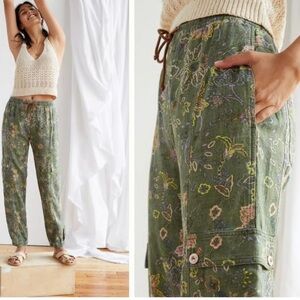 Anthropologie Green Floral Track Pants